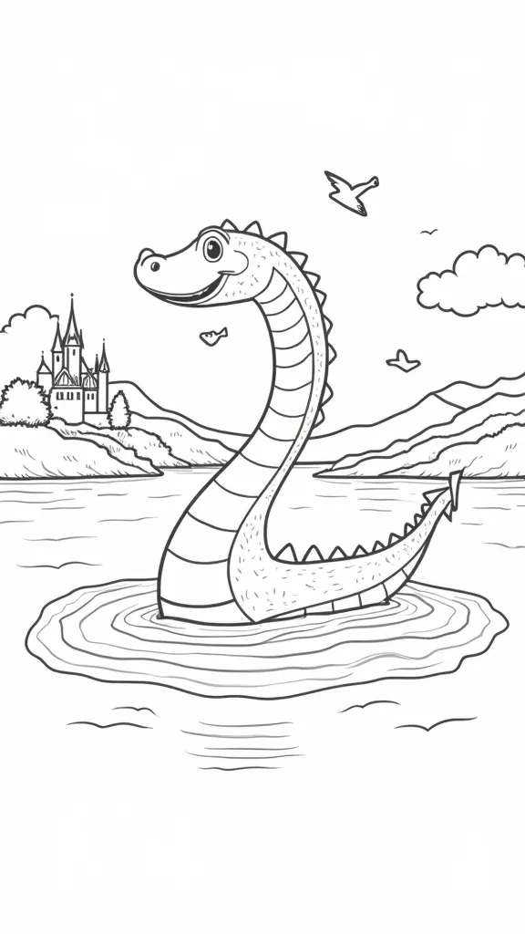 Página para colorear de monstruos de Loch Ness